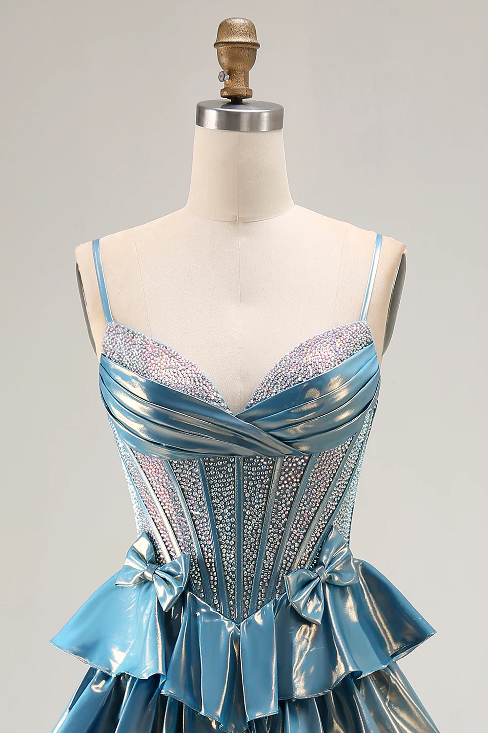 Sparkly Blue Ruffled Metallic Corset Beaded Long Prom Dress with Bow - VNBITS