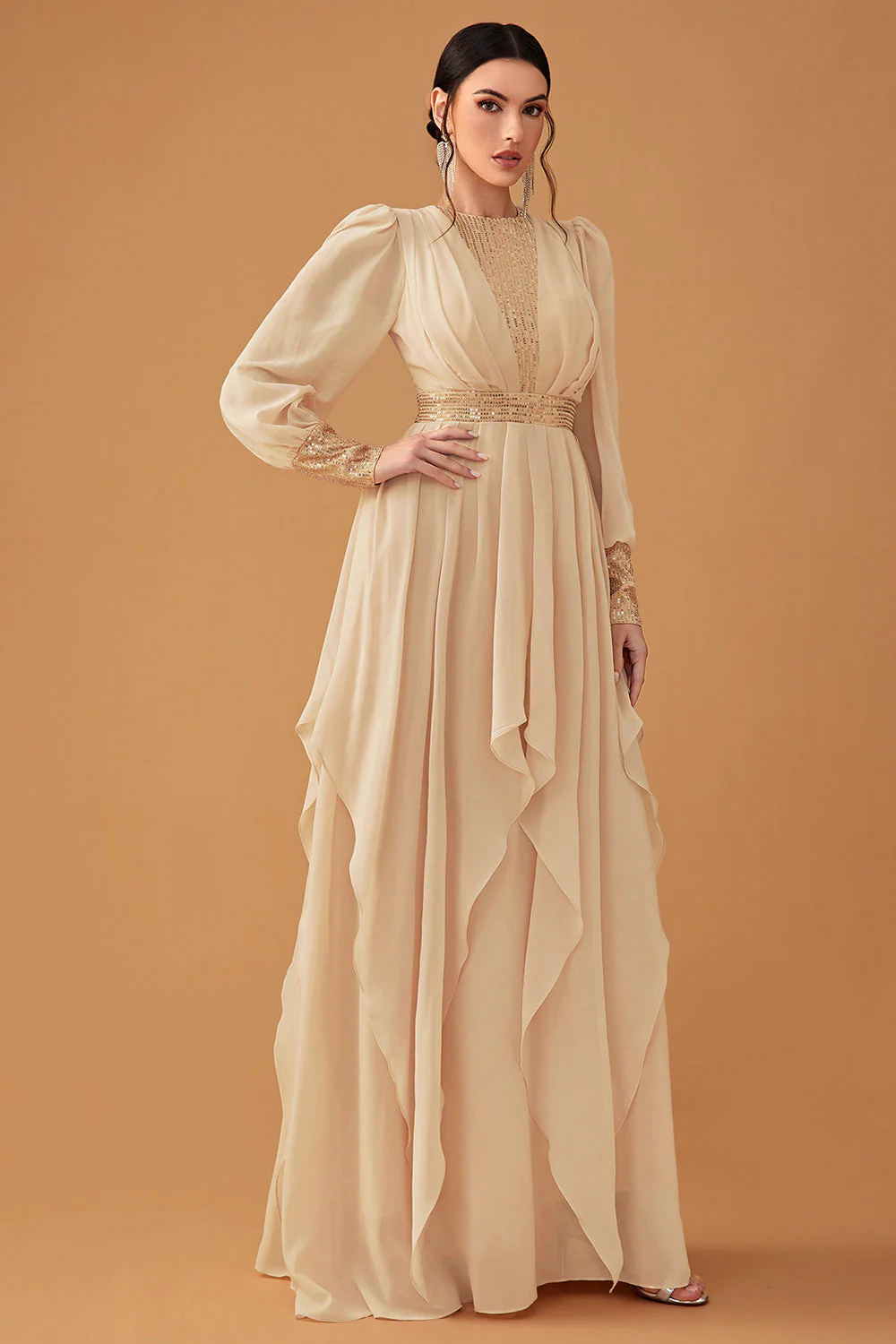 Champagne Ruffles A Line Long Prom Dress with Long Sleeves - VNBITS