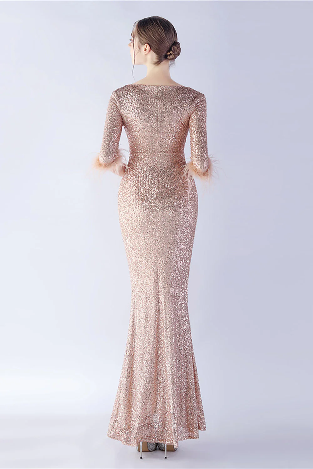 Navy Sequin V-neck Half Sleeves Sheath Formal Dress with Feather - VNBITS