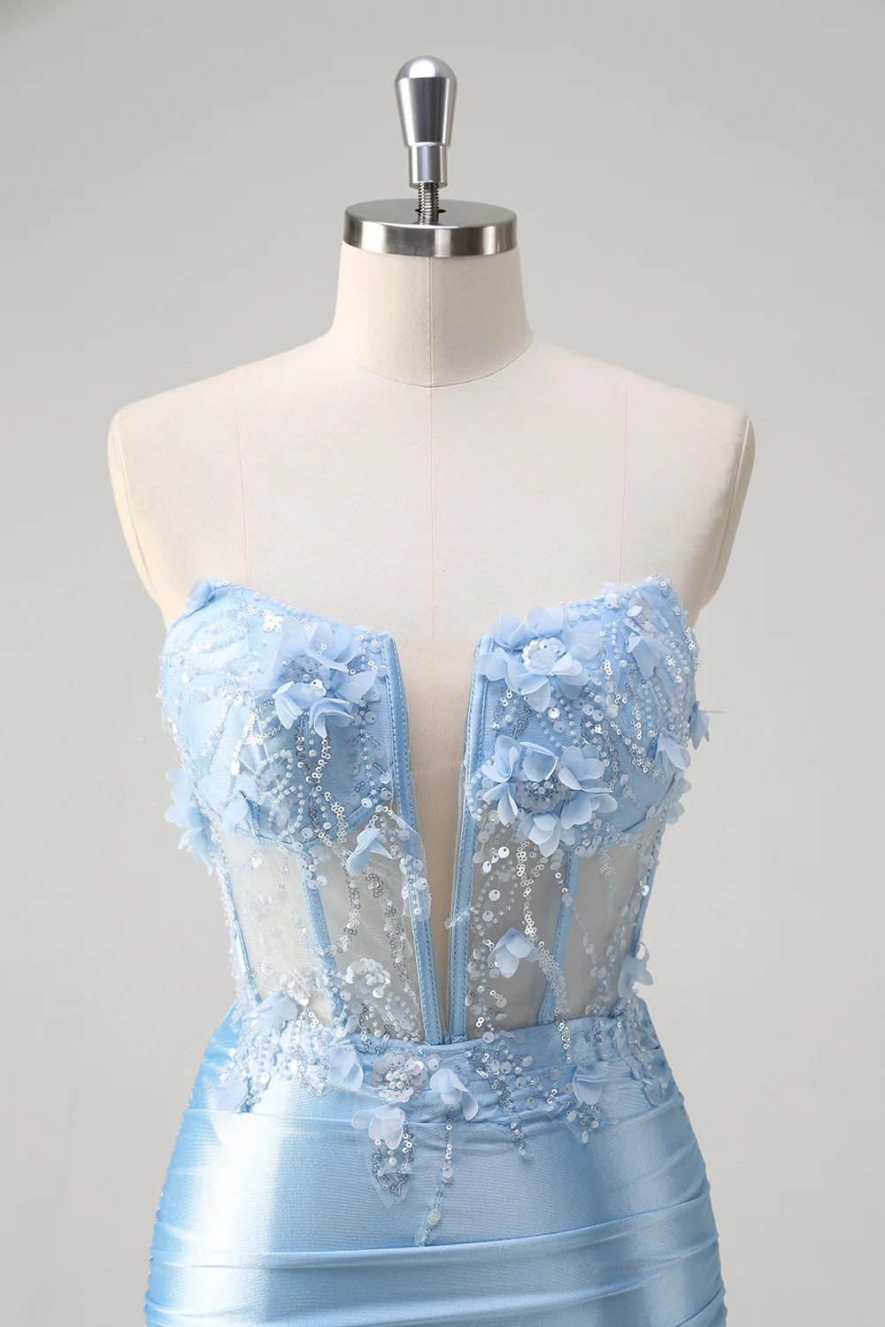 Blue Mermaid Beaded Applique Hollow Out Long Prom Dress with Slit - VNBITS