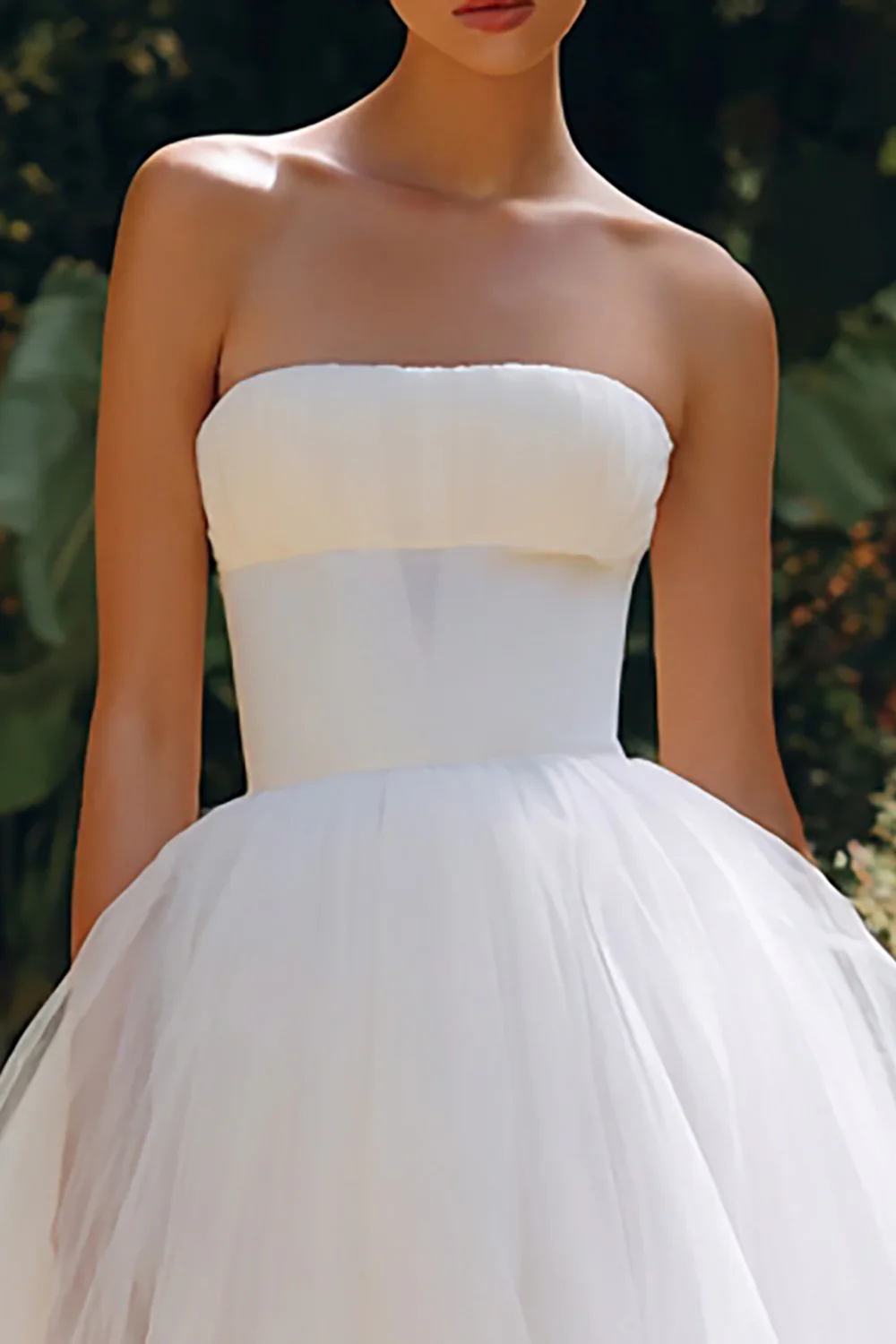 Simple White A Line Tulle Strapless Long Engagement Dress - VNBITS