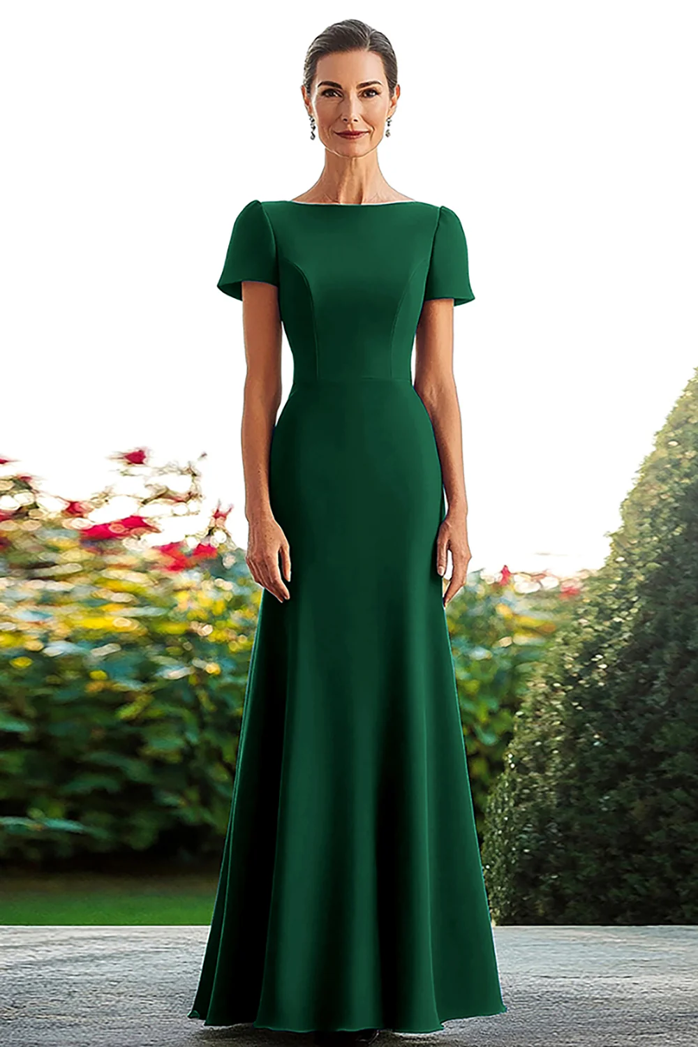 Satin Royal Blue Sheath Long Mother of the Bride Dress with Short Sleeves - VNBITS