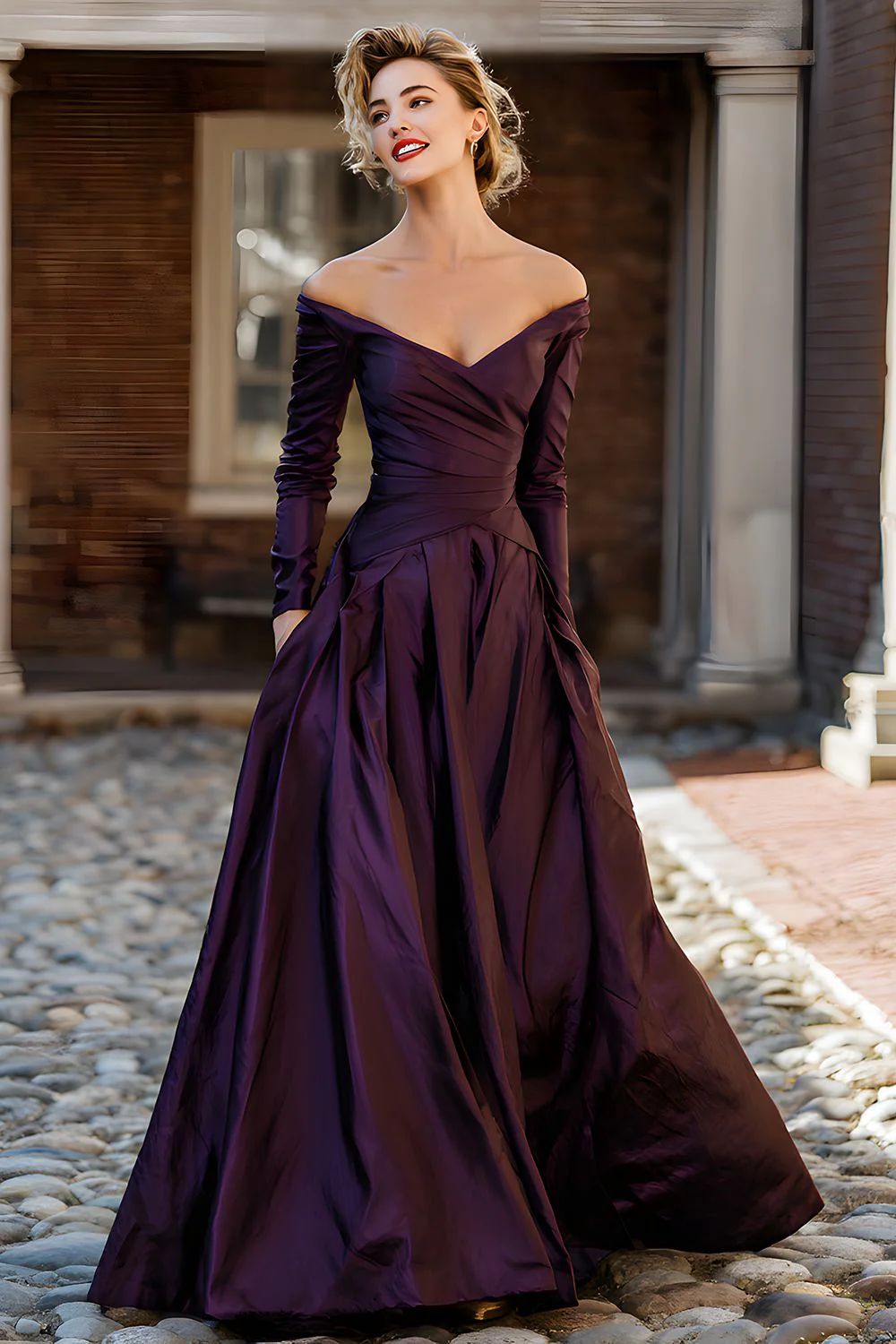 Plum Off the Shoulder A Line Long Mother of the Bride Dress with Sleeves - VNBITS