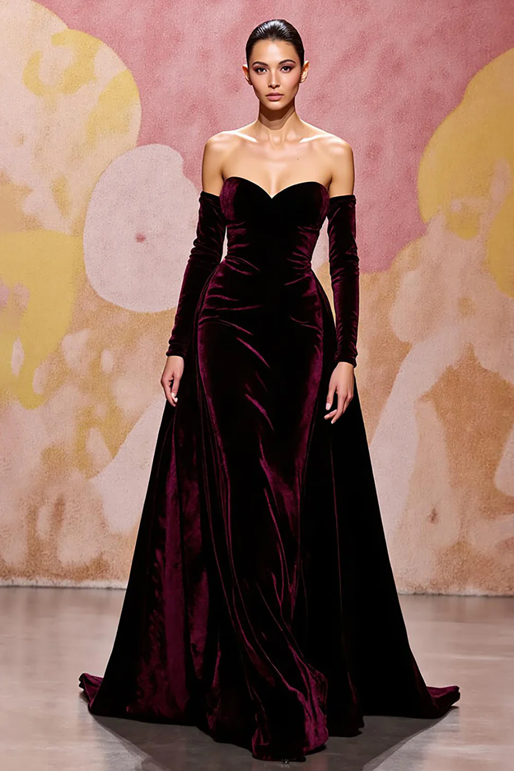 Dark Red Velvet A Line Long Off the Shoulder Evening Dress - VNBITS