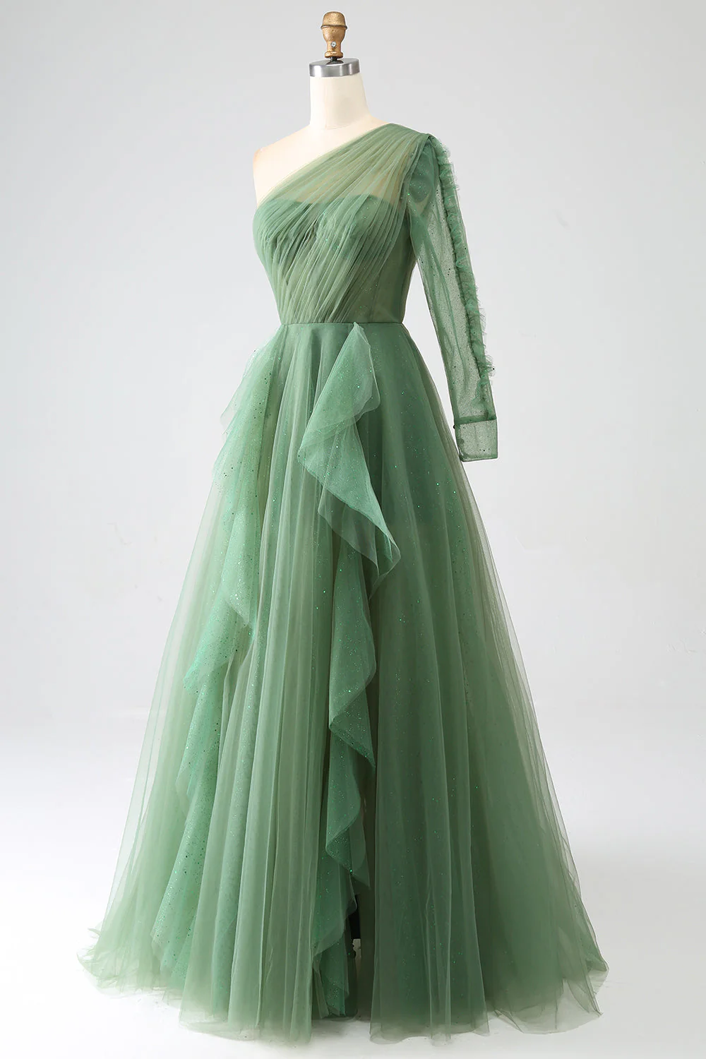 Dark Green A-Line One-Shoulder Long Prom Dresses With Long Sleeves - VNBITS
