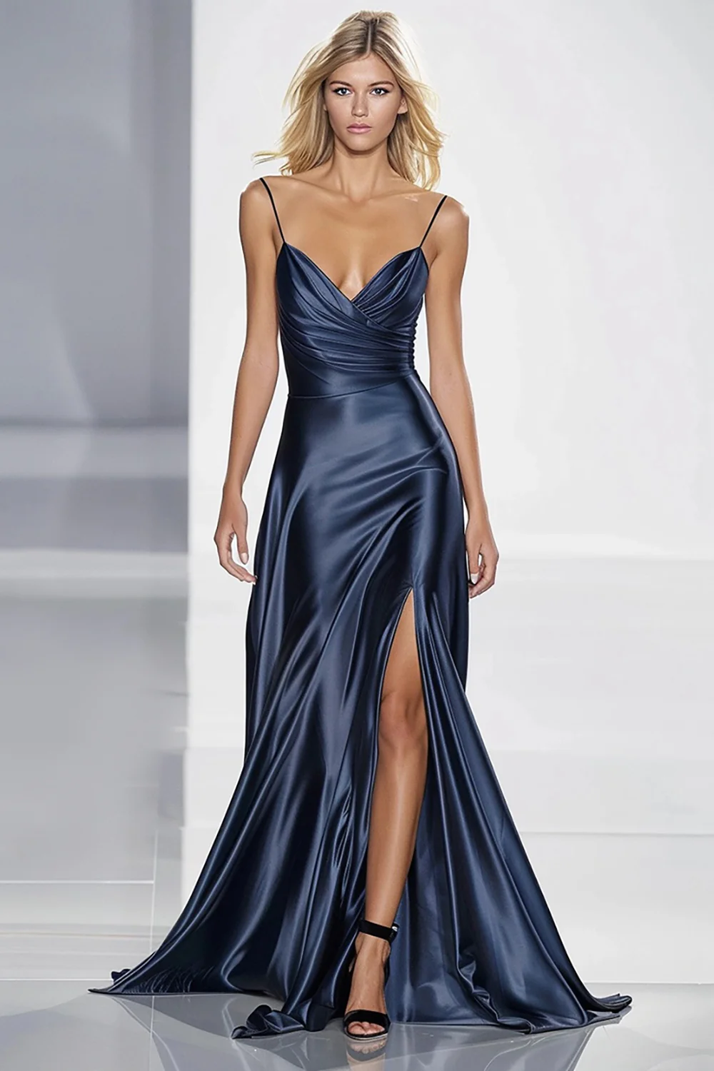 Dark Blue Satin Spaghetti Straps Long Formal Dress with Slit - VNBITS