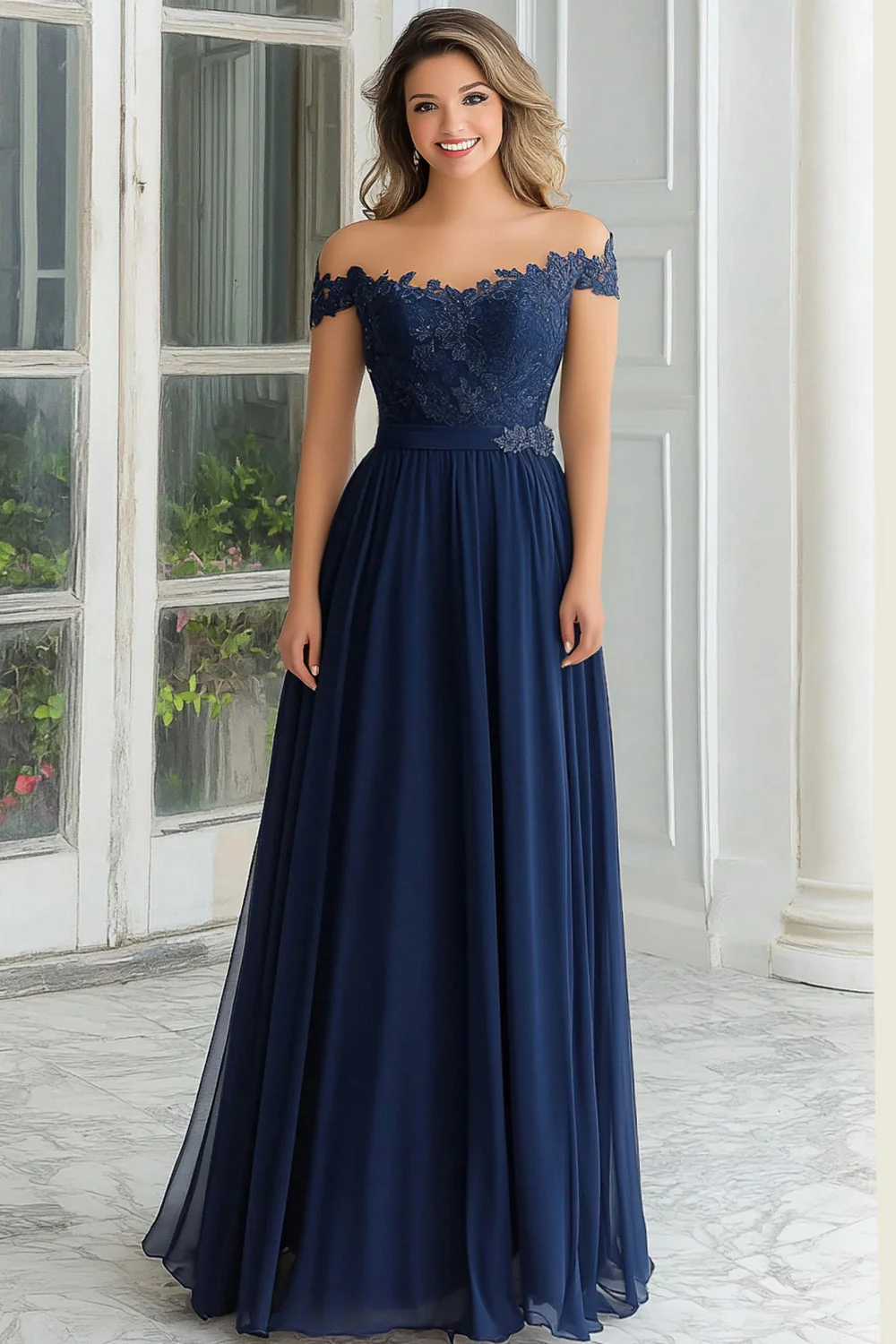 Elegant A-Line Navy Off the Shoulder Chiffon Long Mother Of the Bride Dress with Lace Appliques - VNBITS