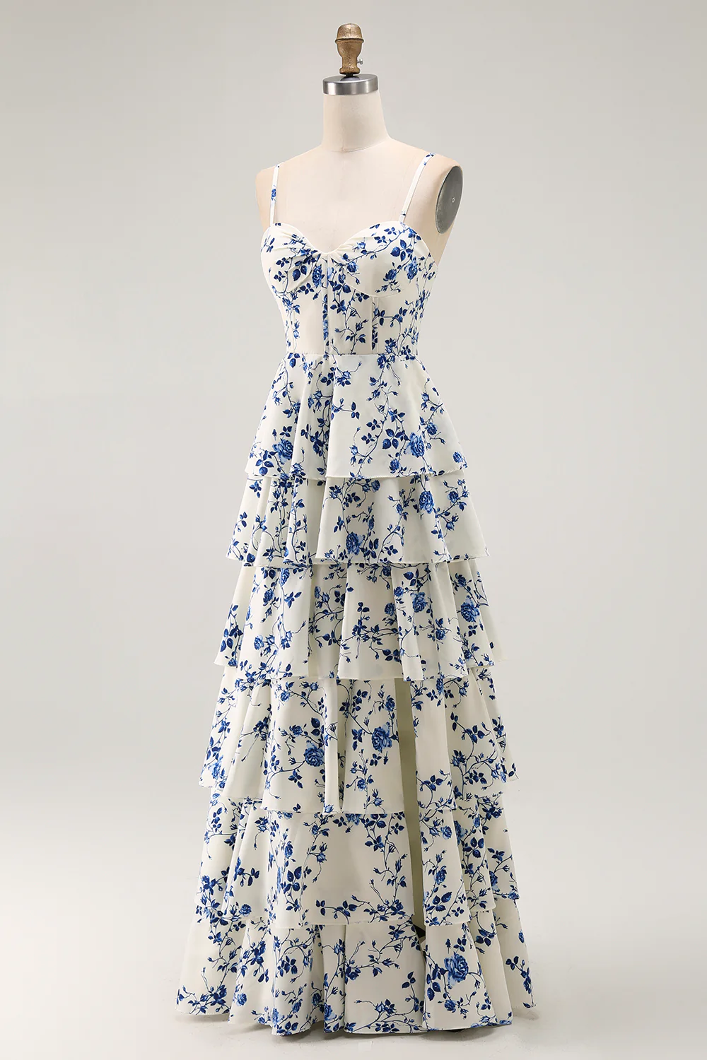 Blue Floral Tiered A Line Ruffled Long Prom Dress with Slit - VNBITS