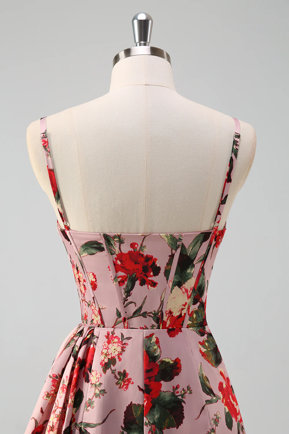 Pink Red Floral Spaghetti Straps Prom Dress with Slit - VNBITS