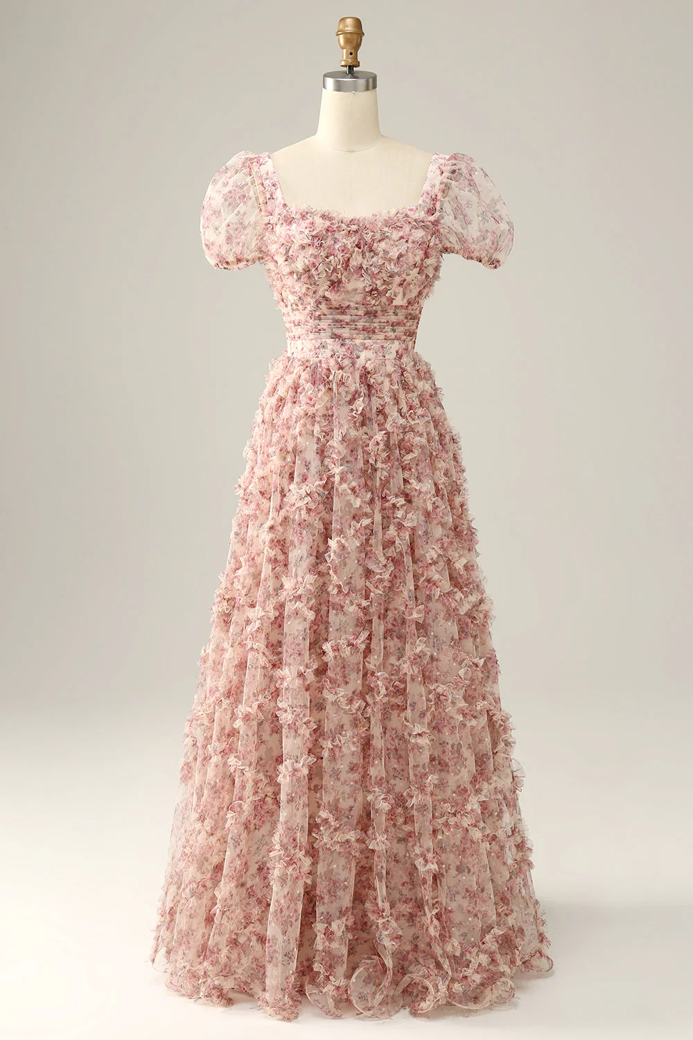 Ivory Red Flower Square Neck Prom Dress - VNBITS