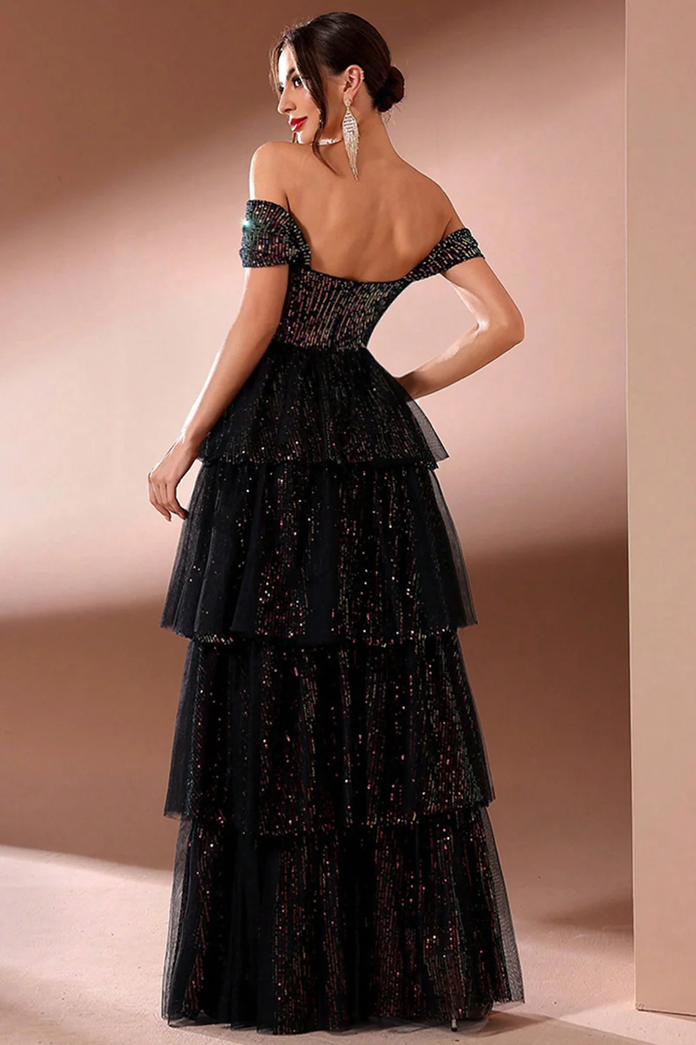 Sparkly Black A Line Tiered Off The Shoulder Long Prom Dress with Slit - VNBITS