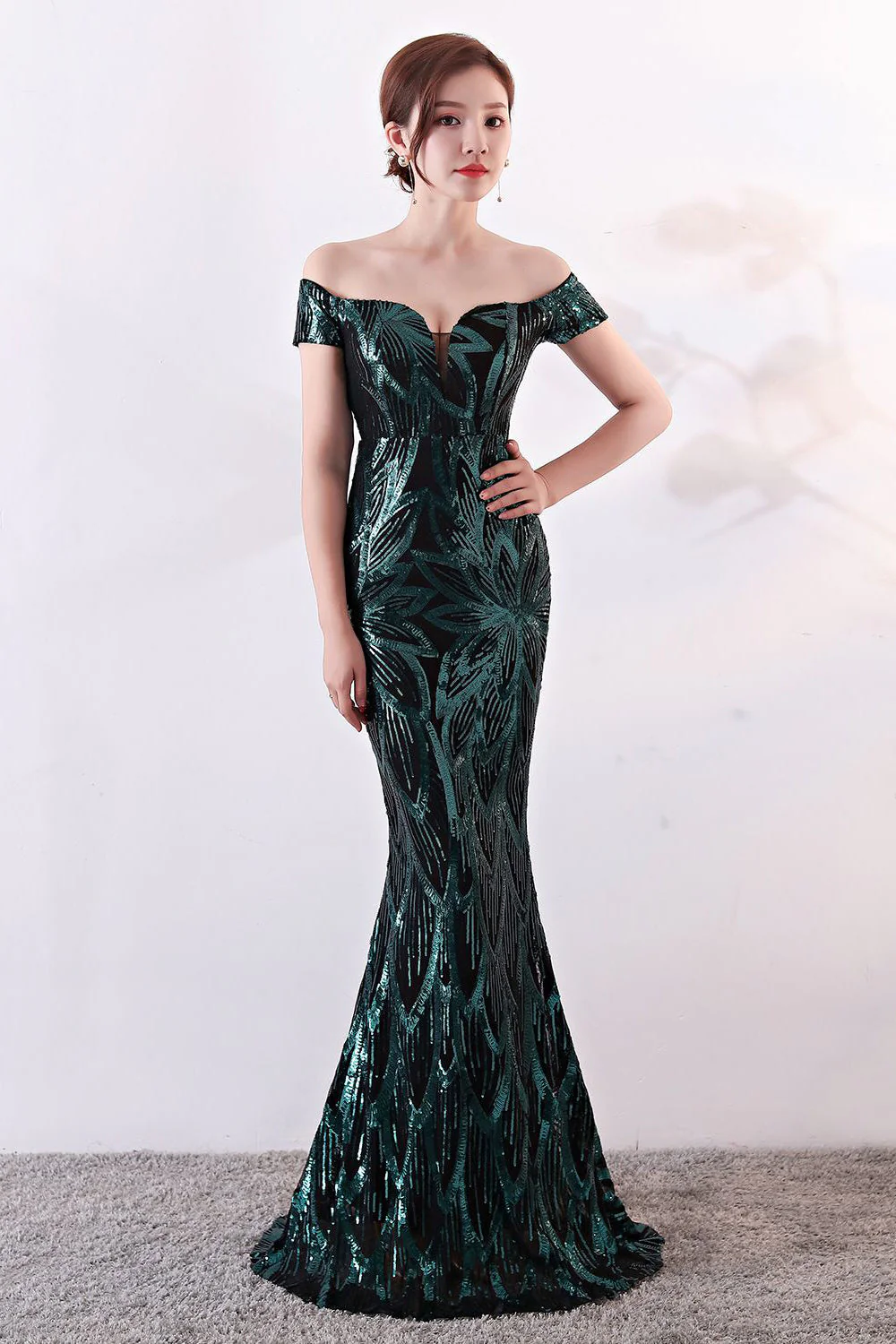 Black Off The Shoulder Mermaid Evening Dress - VNBITS
