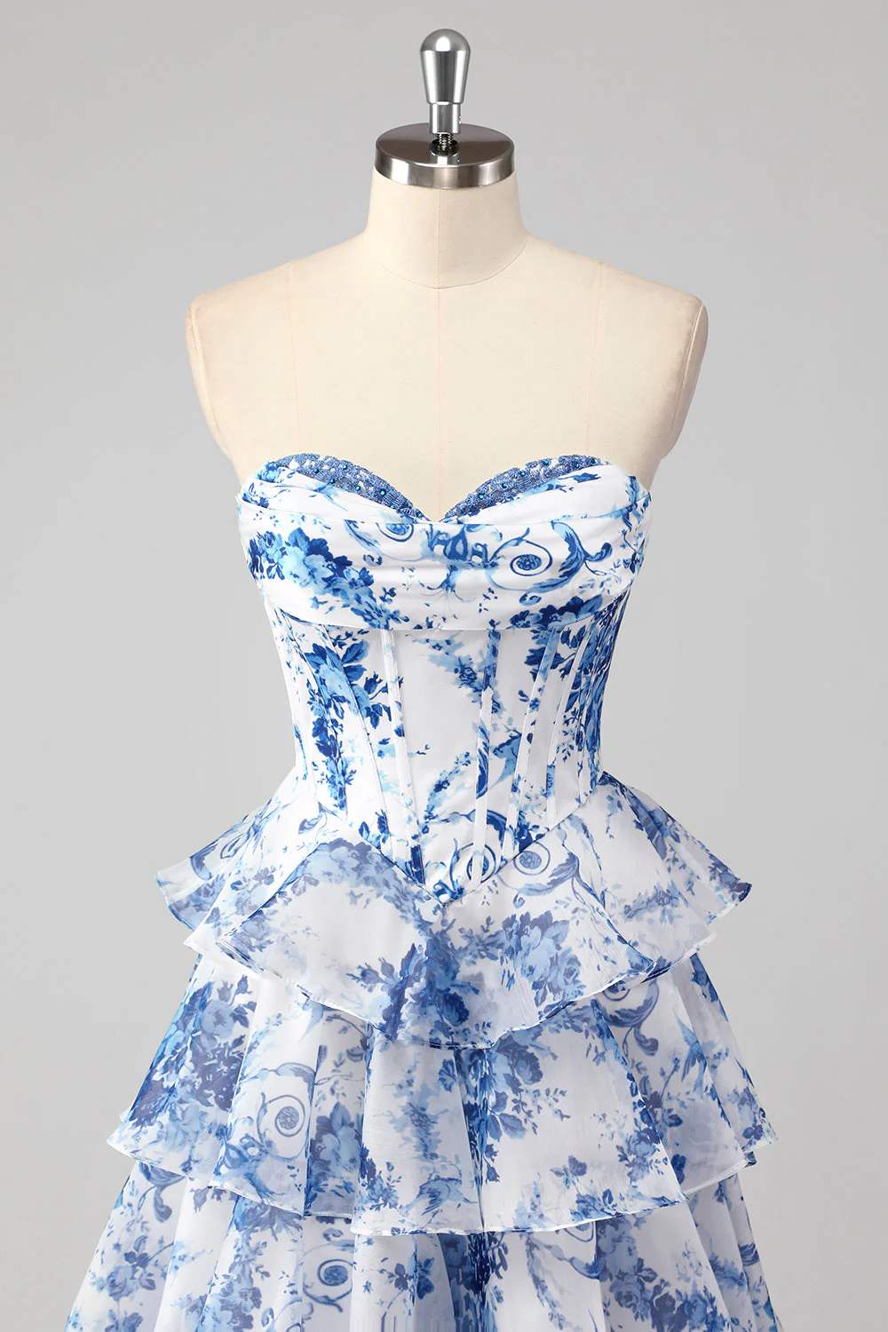 Blue White Flower A-Line Sweetheart Tiered Long Prom Dress with Slit - VNBITS