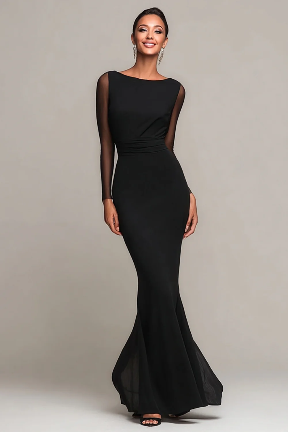 Black Boat Neck Mermaid Long Formal Dress with Sleeves - VNBITS