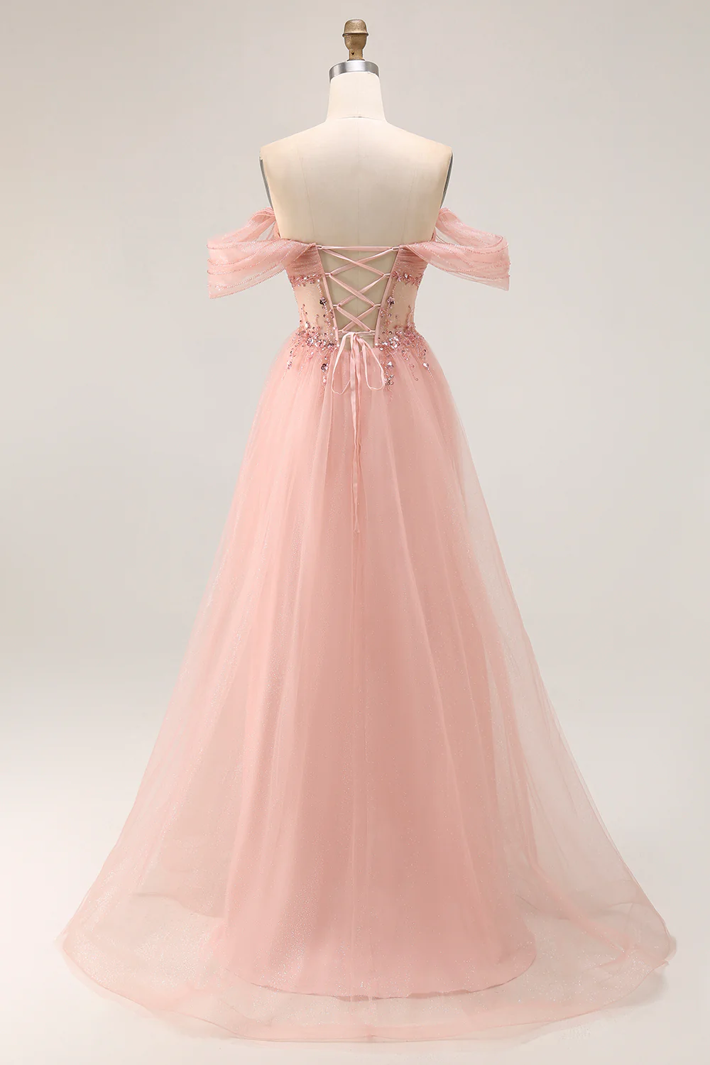 Sparkly Blush Off the Shoulder Long Prom Dress with Sequins - VNBITS