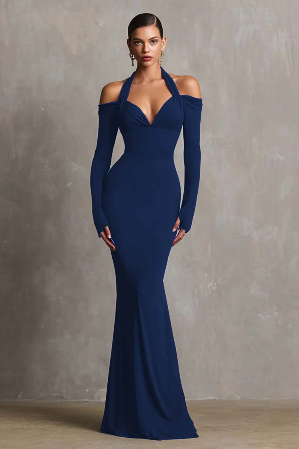 Burgundy Mermaid Halter Long Sleeves Long Formal Dress - VNBITS
