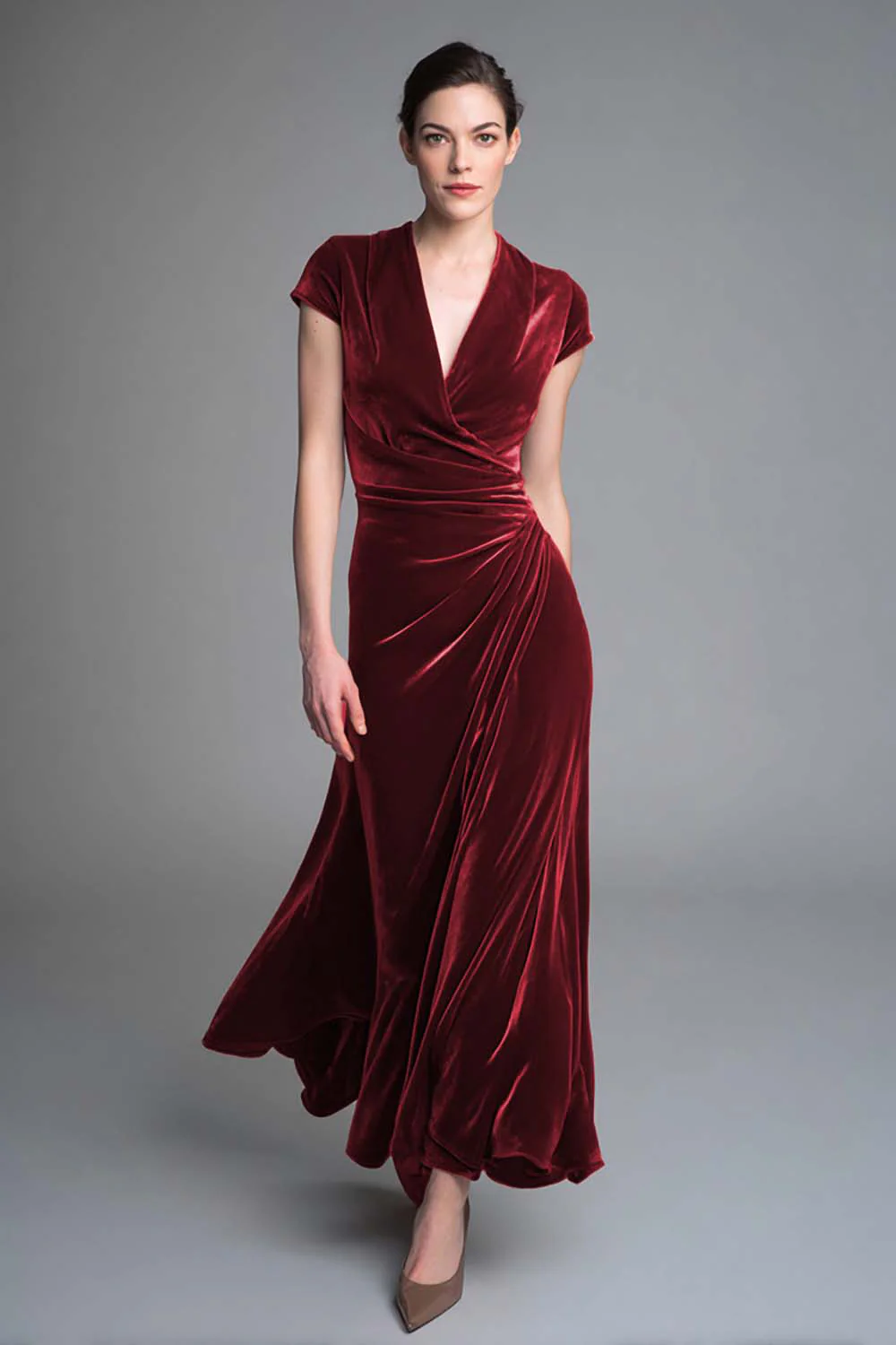 Caramel Velvet Ruched V Neck Long Holiday Party Dress with Sleeves - VNBITS