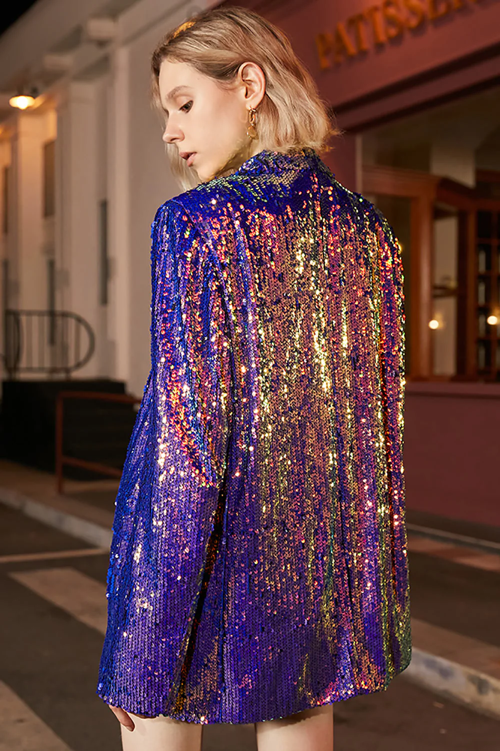 Sparkly Purple Sequins Oversized Longline Prom Blazer For Women - VNBITS