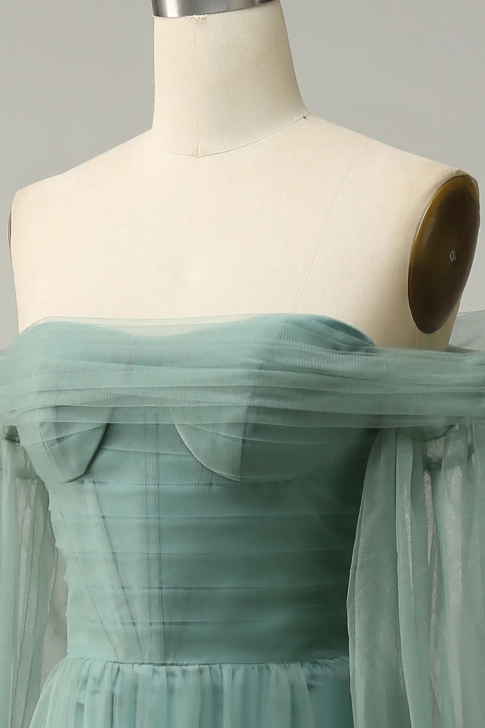 Off The Shoulder Grey Green A-Line Tull Prom Dress With Long Sleeves - VNBITS