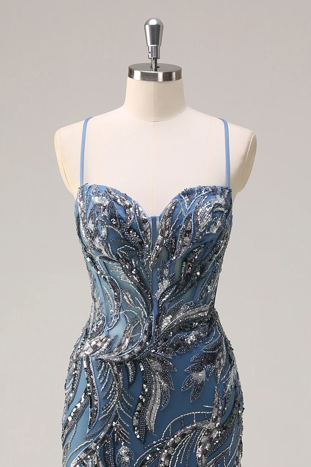 Sparkly Sage Mermaid Sequined Beaded Spaghetti Straps Long Prom Dress - VNBITS