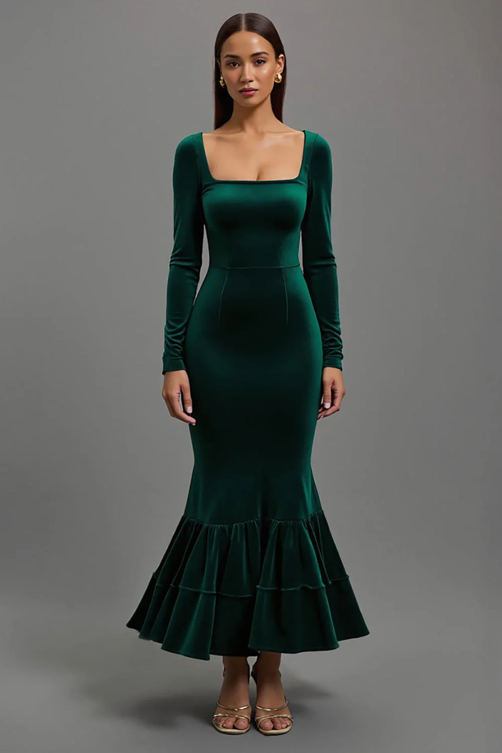 Dark Green Velvet Mermaid Long Sleeves Holiday Party Dress - VNBITS