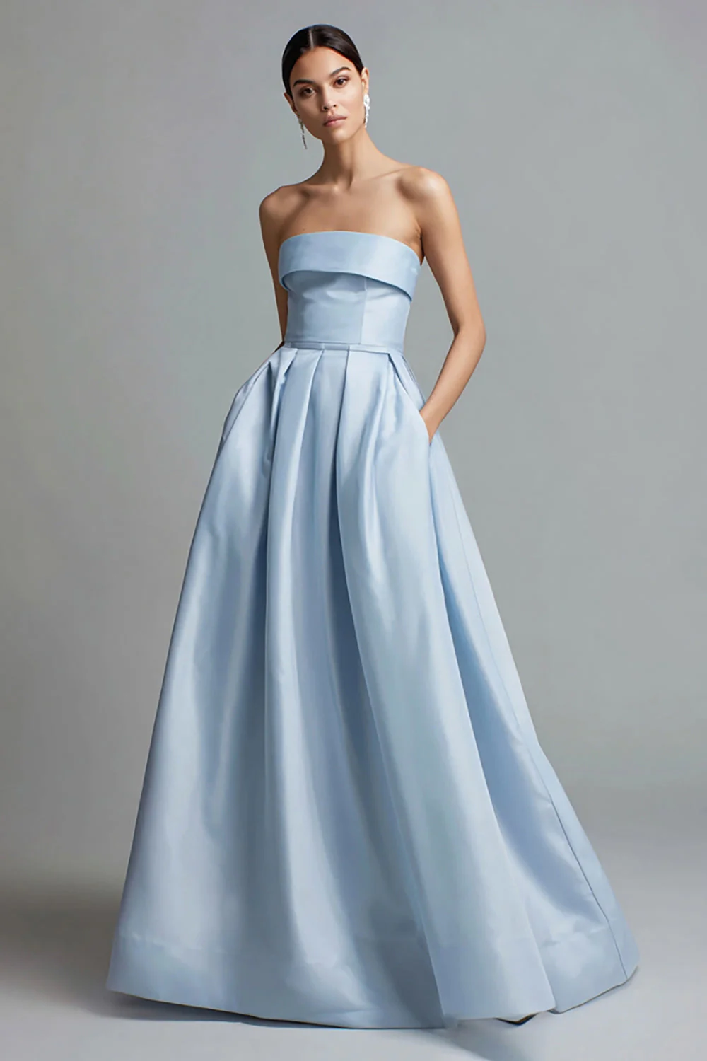 Sky Blue Satin Strapless A Line Long Formal Dress with Pockets - VNBITS