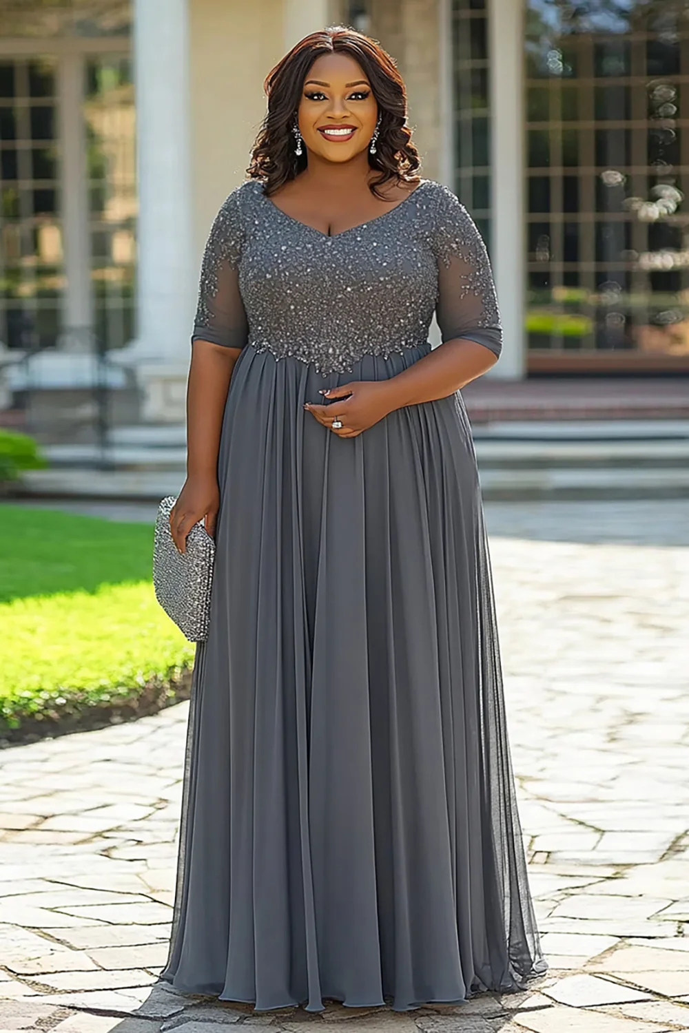 Grey A Line Appliqued Plus Size Long Mother of the Bride Dress - VNBITS