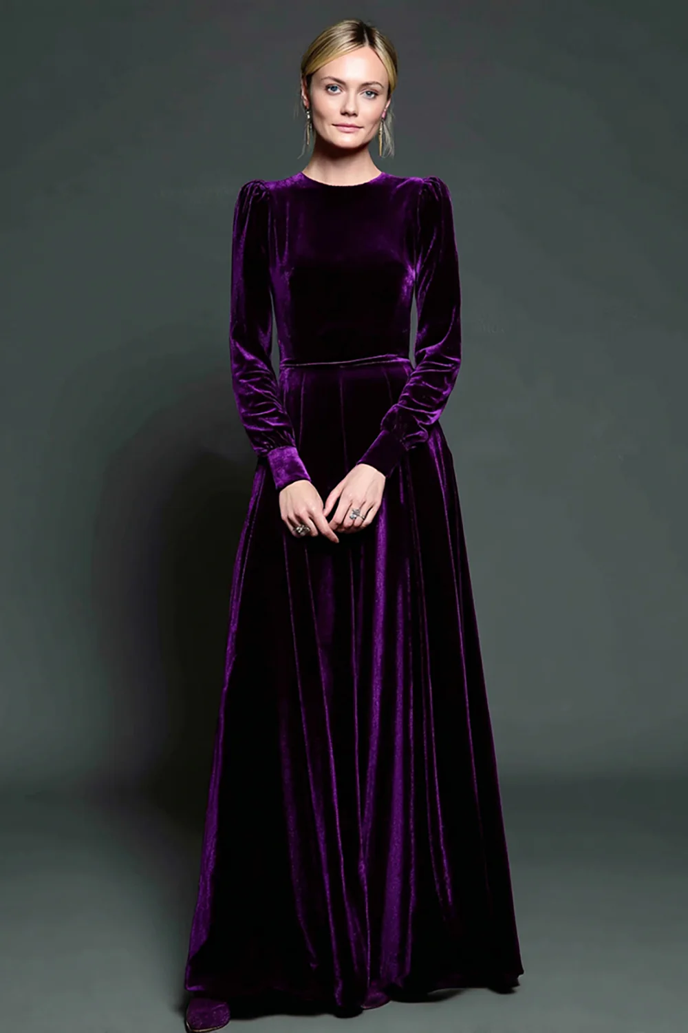 Simple Dark Purple Velvet A Line Long Holiday Party Dress with Sleeves - VNBITS