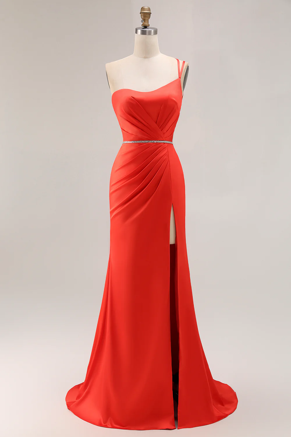 Orange One Shoulder Ruched Mermaid Long Prom Dress with Slit - VNBITS