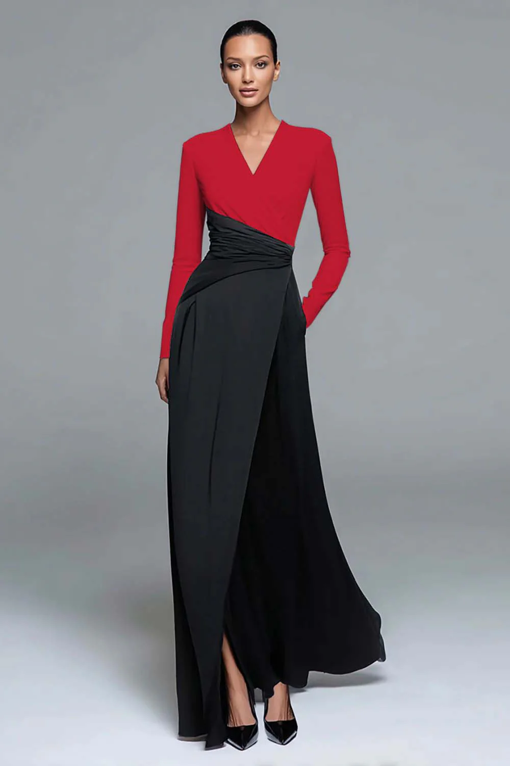 Black and White Patchwork Long Formal Dress with Pockets - VNBITS