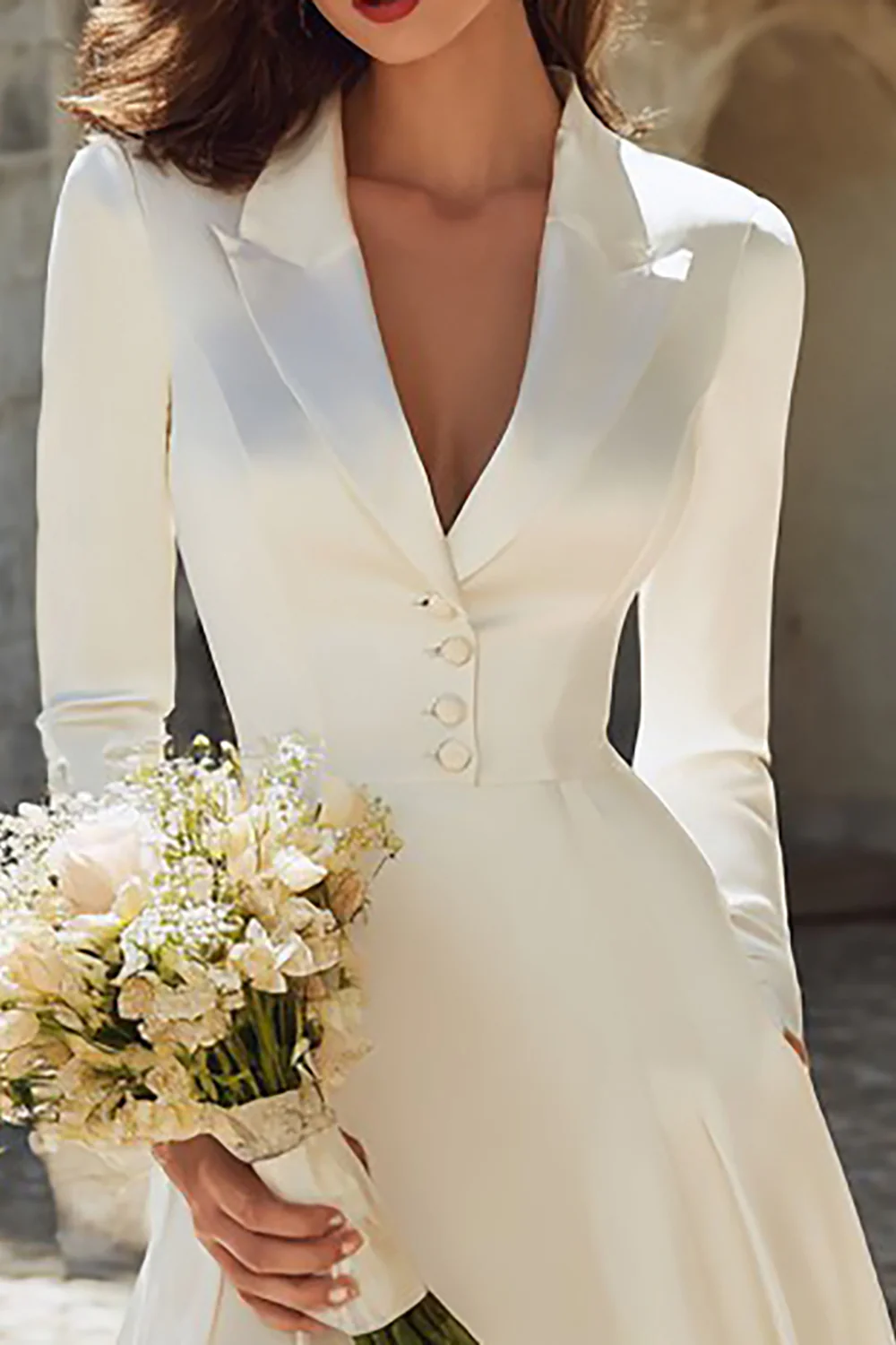 Ivory Peak Lapel A Line Midi Engagement Blazer Dress with Sleeves - VNBITS