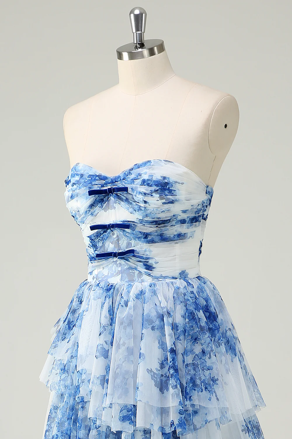 White Blue Flower Tiered Sweetheart A-Line Long Prom Dress - VNBITS