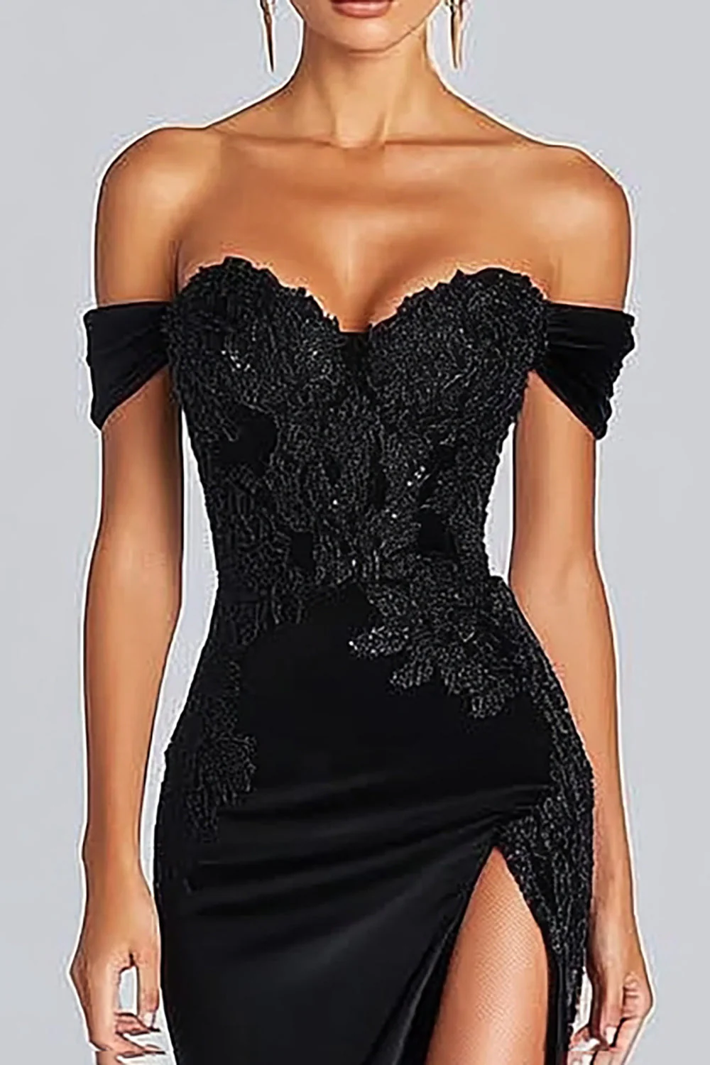 Sparkly Off the Shoulder Mermaid Long Satin Black Tie Dress with Slit - VNBITS