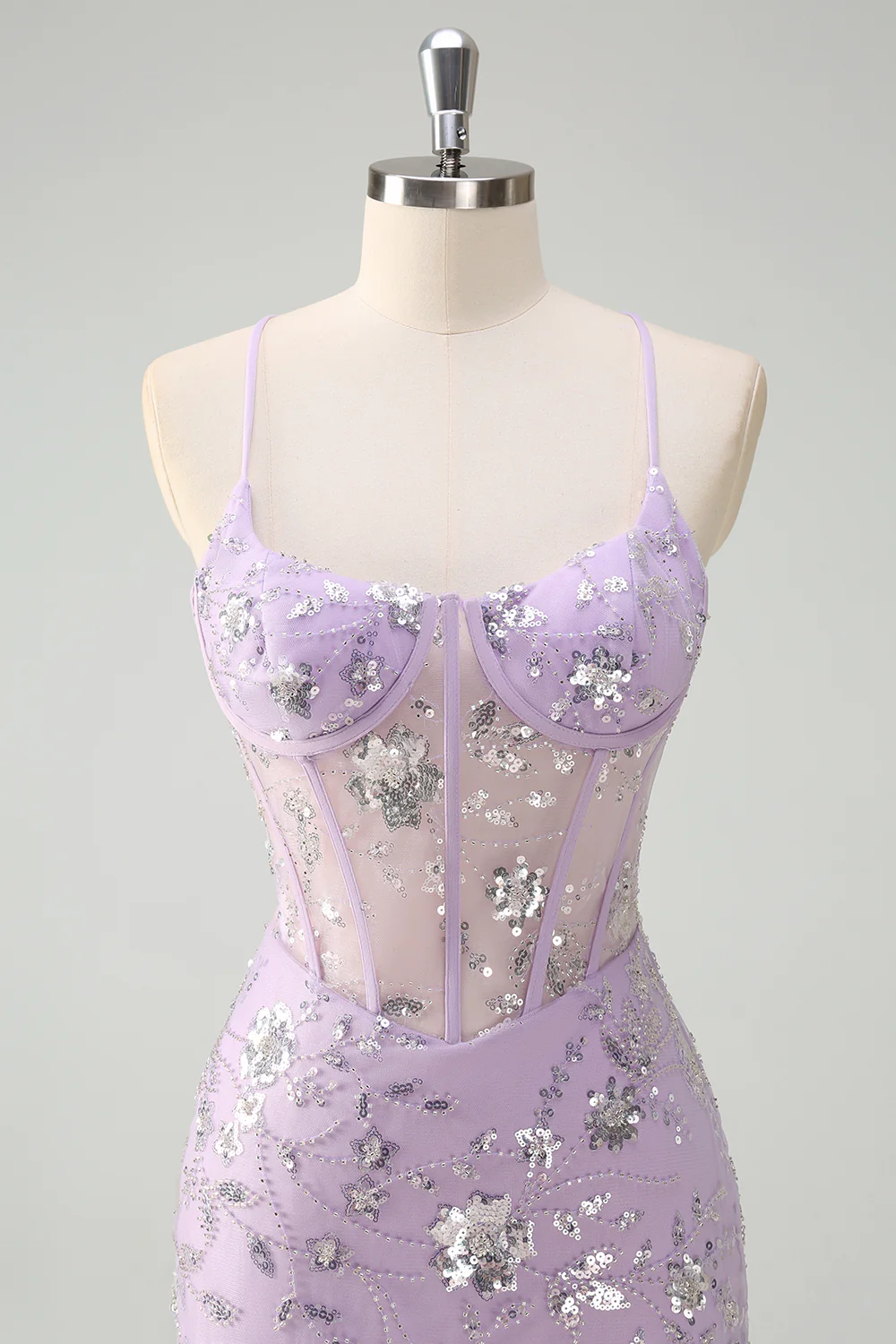 Sparkly Lilac Mermaid Spaghetti Straps Prom Dress with Slit - VNBITS