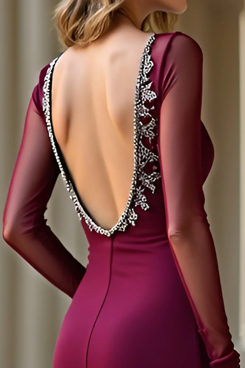 Burgundy Mermaid V-Neck Long Sleeves Prom Dress with Beadings - VNBITS