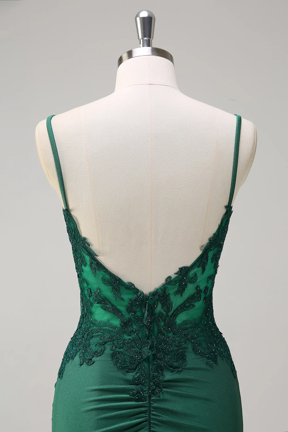 Dark Green V-Neck Mermaid Applique Spaghetti Straps Long Prom Dress - VNBITS