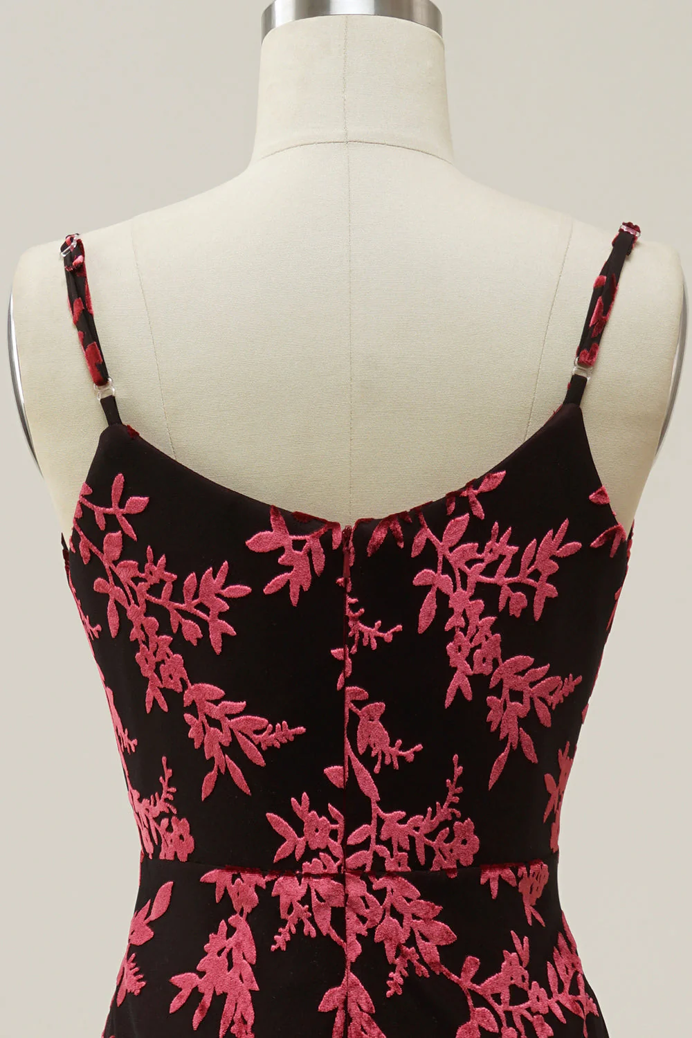 Sheath Spaghetti Straps Burgundy Printed Velvet Long Prom Dress with Silt - VNBITS
