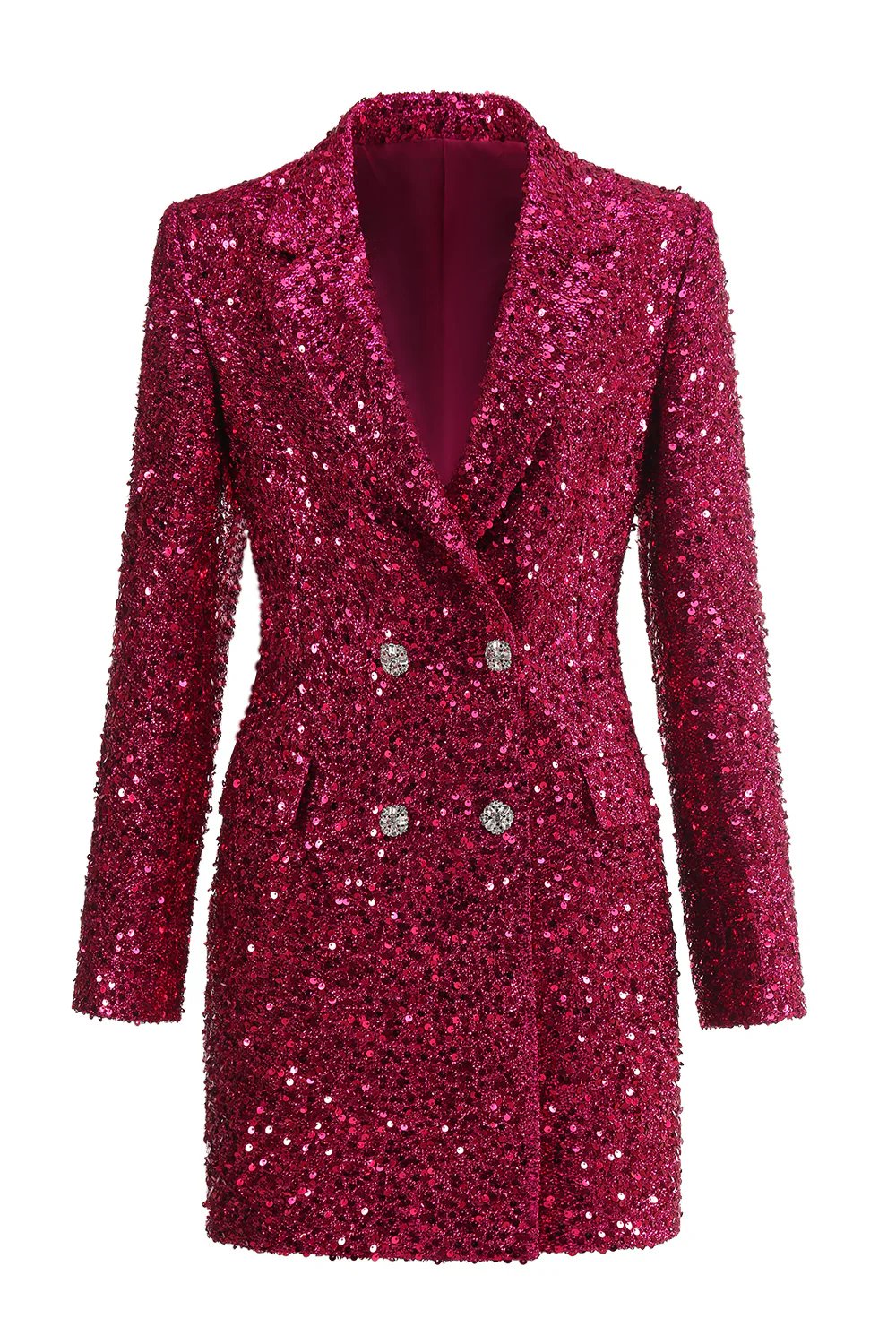 Sparkly Fuchsia Notched Lapel Women's Long Blazer - VNBITS
