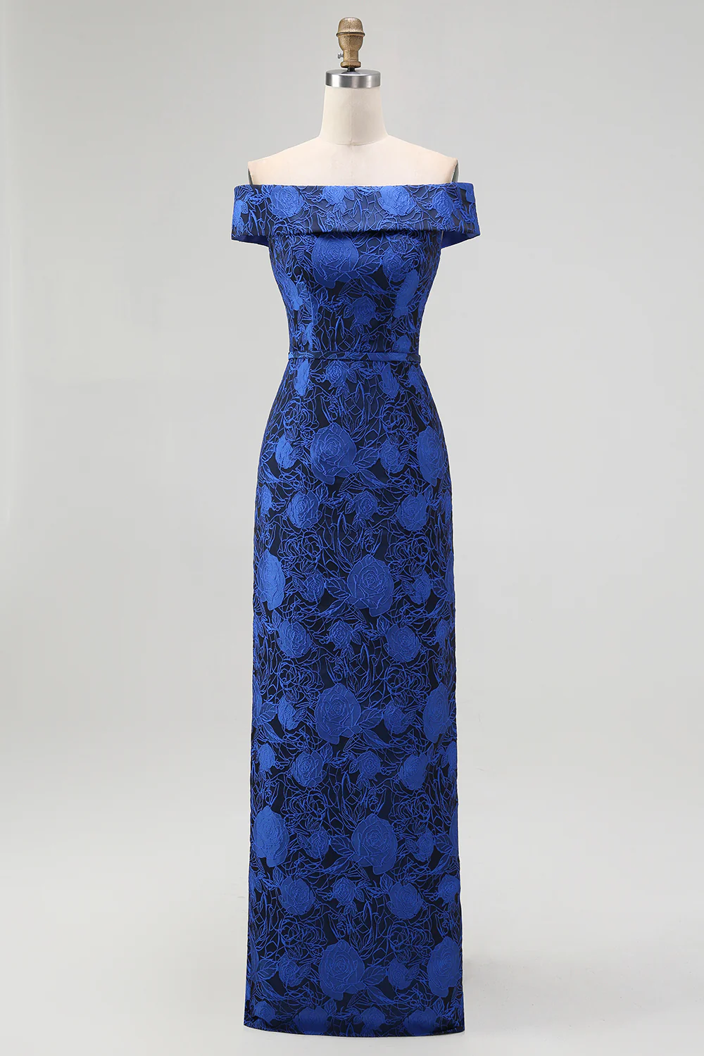Dark Blue Floral Off the Shoulder Sheath Long Wedding Guest Dress with Slit - VNBITS