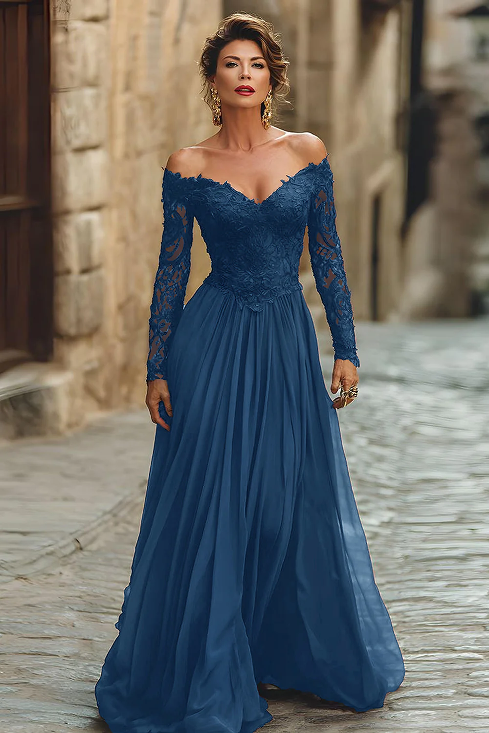 Cabernet Chiffon A Line Long Mother of the Bride Dress with Lace - VNBITS