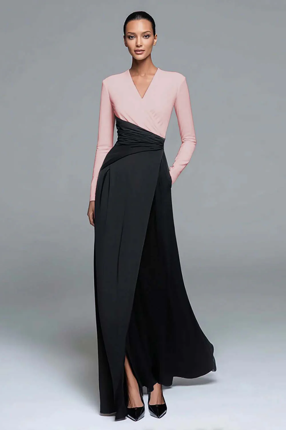 Black and White Patchwork Long Formal Dress with Pockets - VNBITS