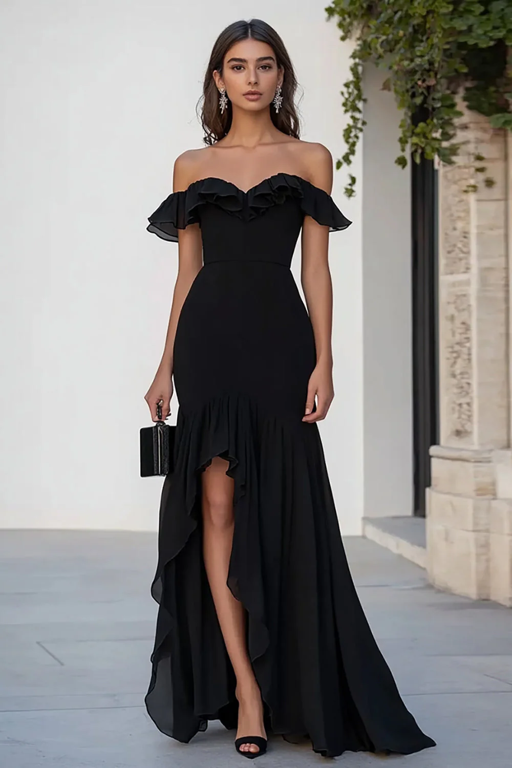 Black Chiffon Off the Shoulder Long Mermaid Formal Dress with Slit - VNBITS