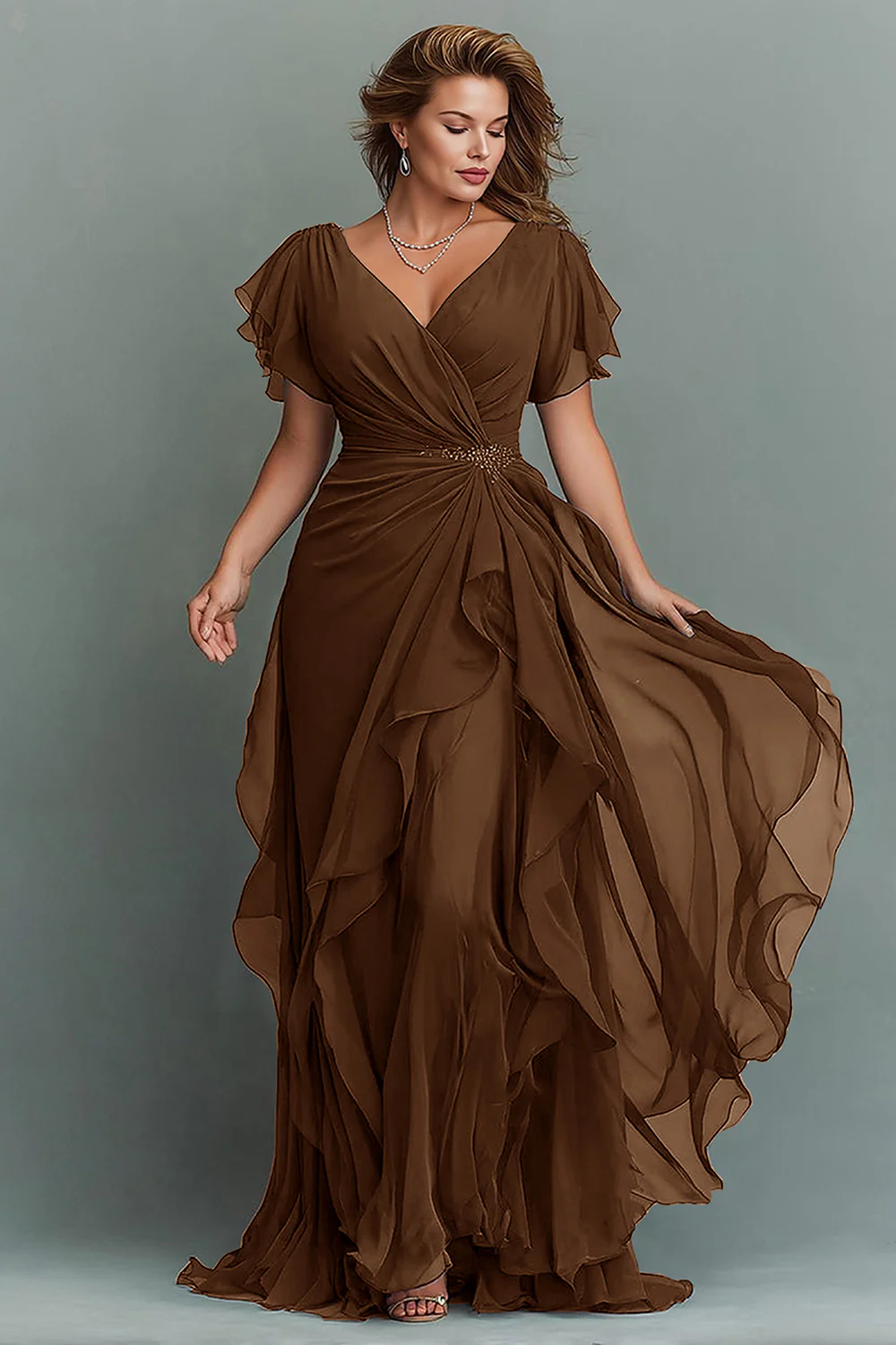 Navy Chiffon V-Neck Ruched Long  with Ruffles - VNBITS