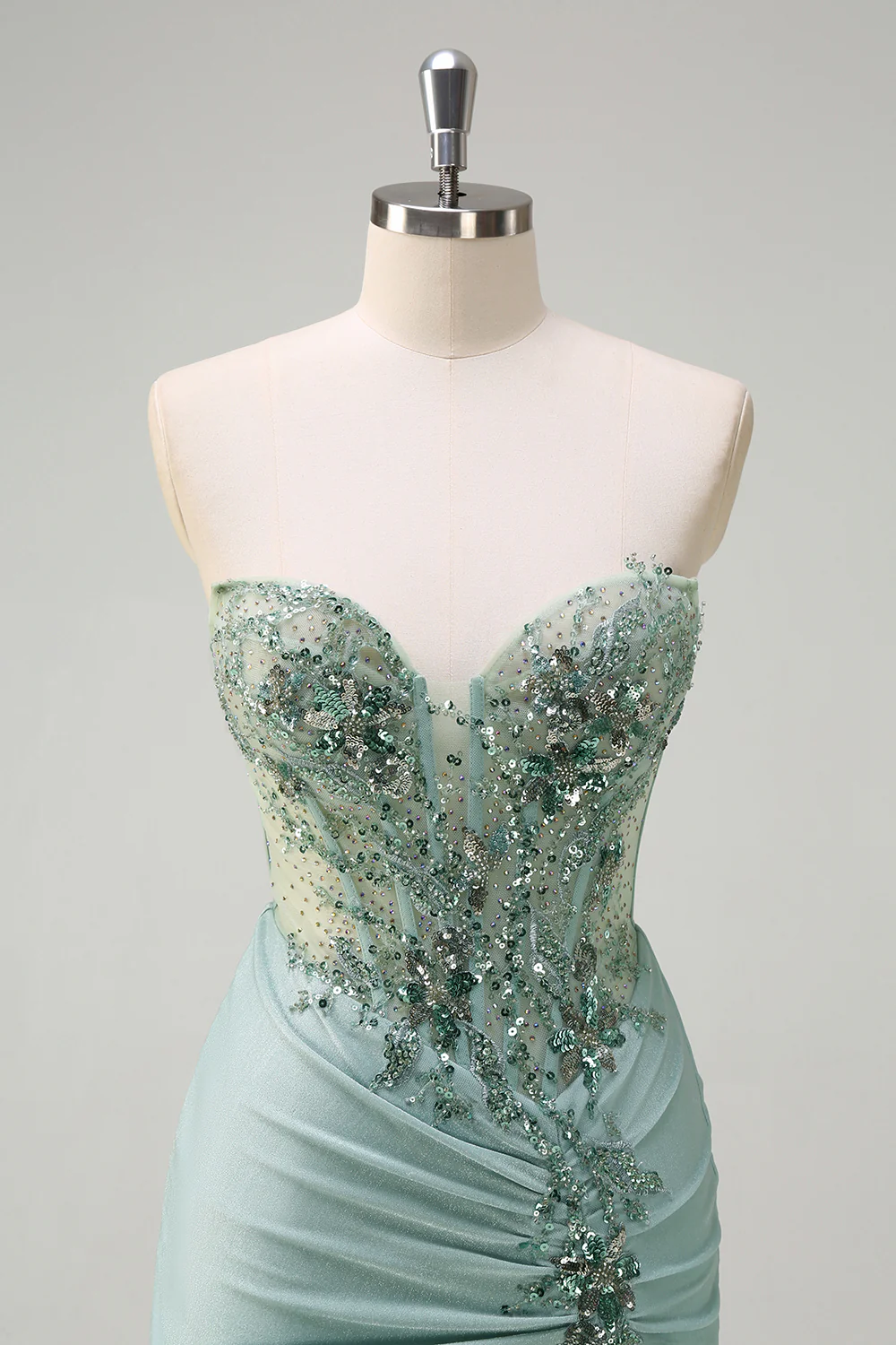 Grey Green Mermaid Sequined Sweetheart Long Prom Dress with Slit - VNBITS