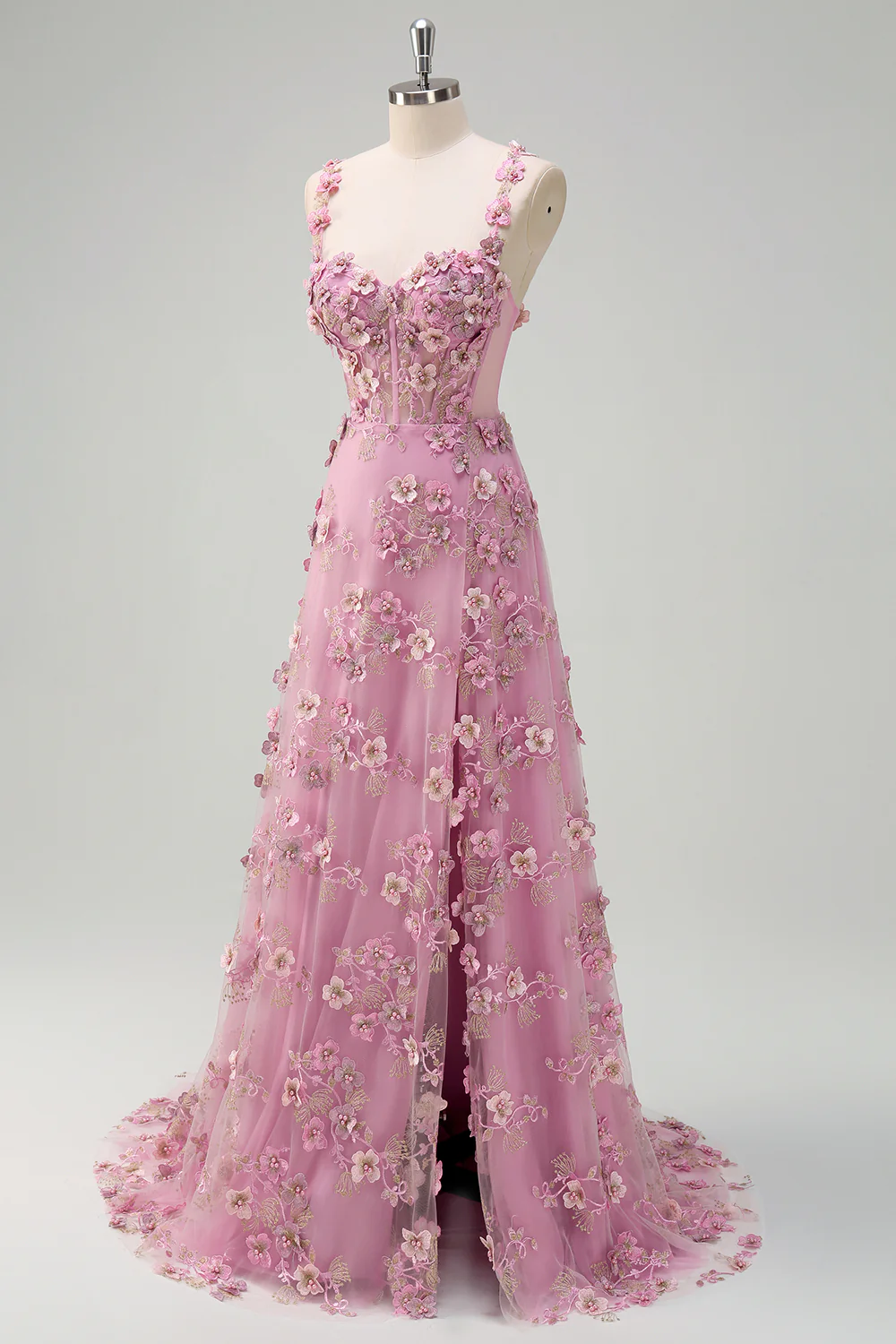 Taro Floral A-Line Spaghetti Straps Long Prom Dress with Slit - VNBITS