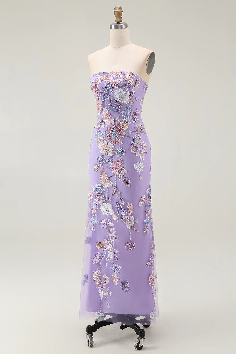 Sparkly Purple Strapless Floral Long Prom Dress with Beading - VNBITS