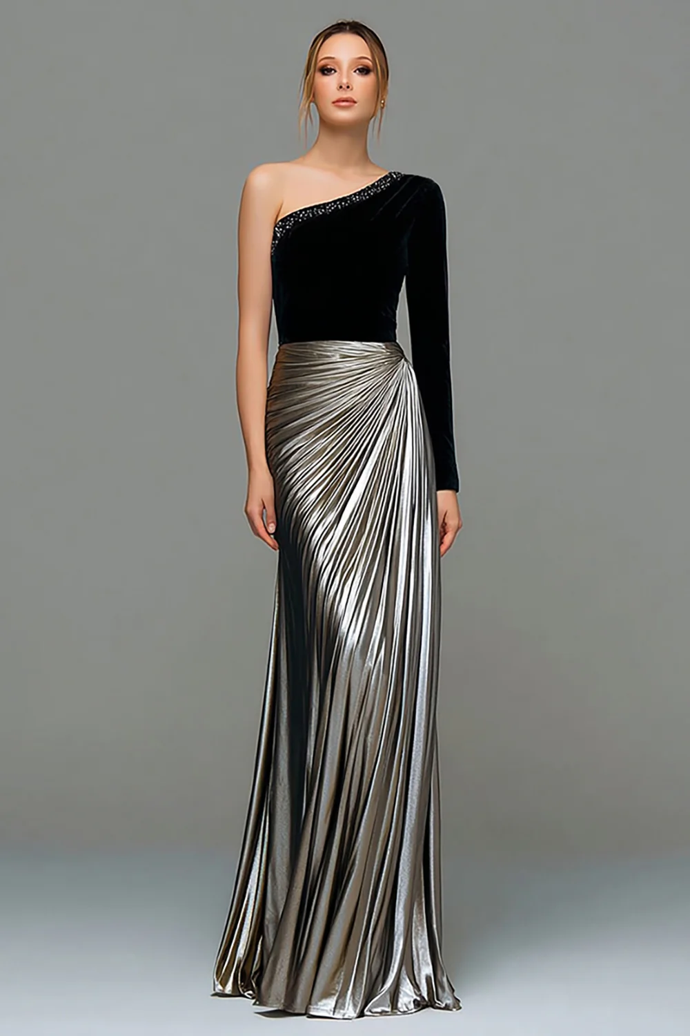 Sparkly Black and Grey Metallic One Shoulder Long Holiday Party Dress - VNBITS