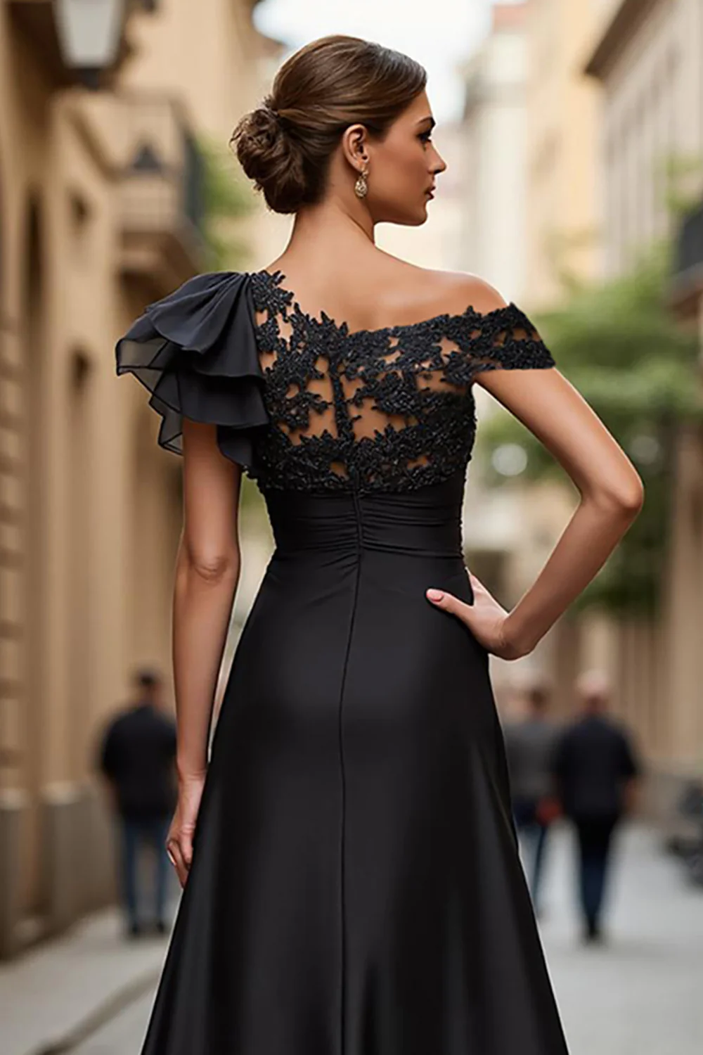 Black Chiffon Ruffled One Shoulder Long Mother of the Bride Dress with Lace - VNBITS