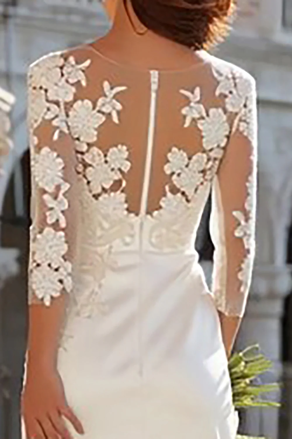 Ivory Sheath Appliqued Long Wedding Dress with Slit - VNBITS
