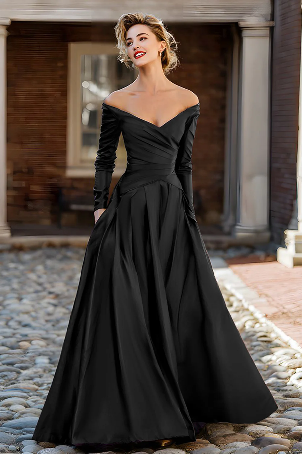 Plum Off the Shoulder A Line Long Mother of the Bride Dress with Sleeves - VNBITS